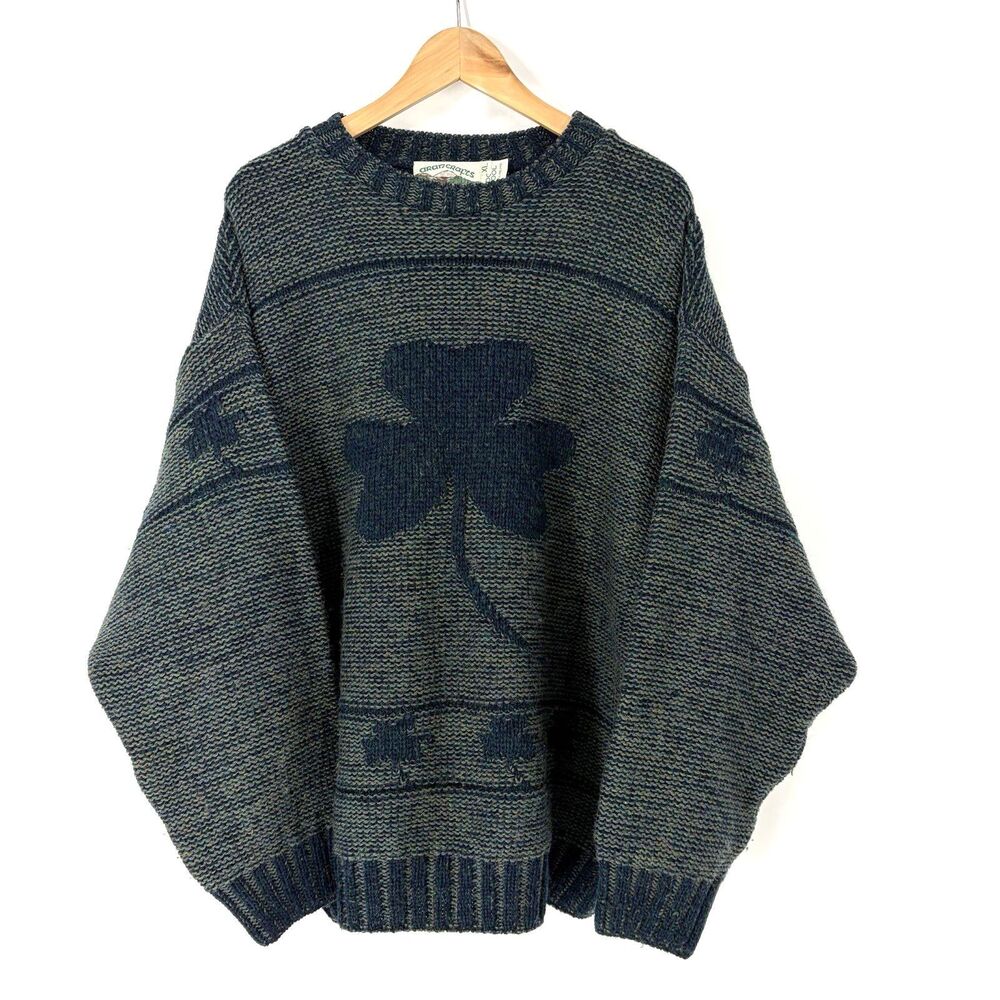 VTG Aran Crafts Sweater XL Mens Green Wool 3 Leaf Clover Shamrock Knit Ireland